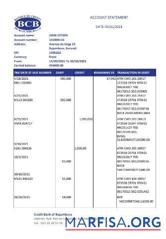 Printable Burundi Credit Bank of Bujumbura bank statement excel template